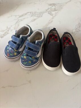 Vans Kids Blue Dinosaur Velcro Sneakers with Black Slip-On Pair
